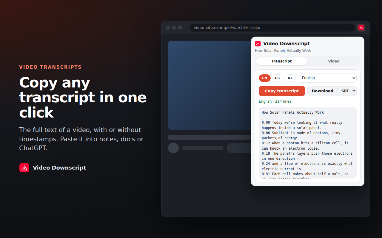 Video Downscript popup with a transcript and a Copy button