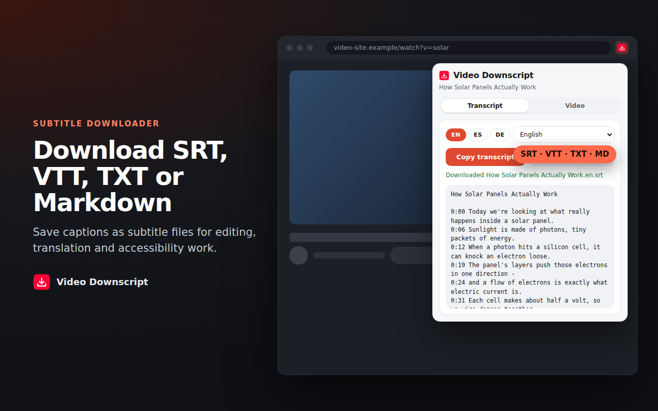 Download menu with SRT, VTT, TXT and Markdown