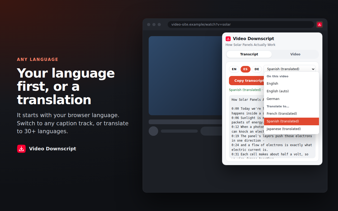 Language menu with translation options