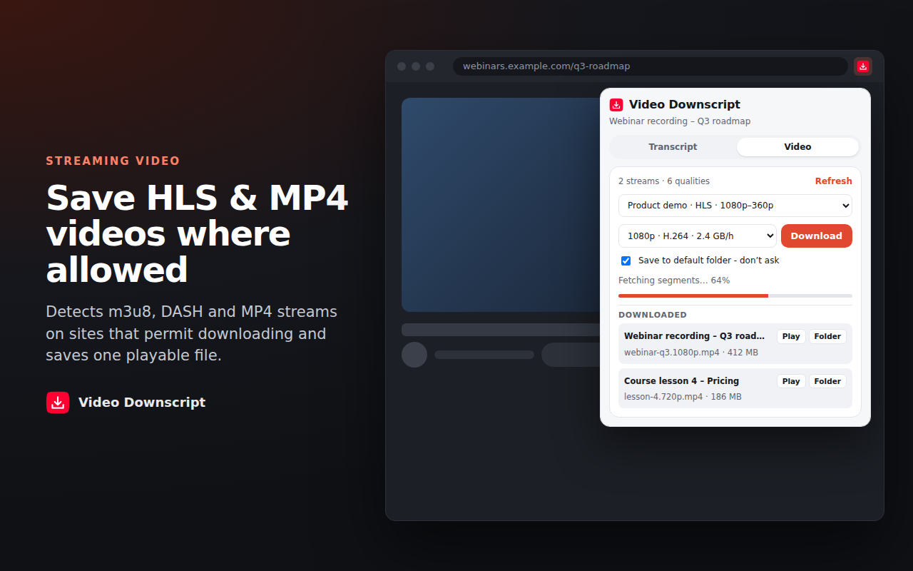 Video tab with stream qualities and a download in progress