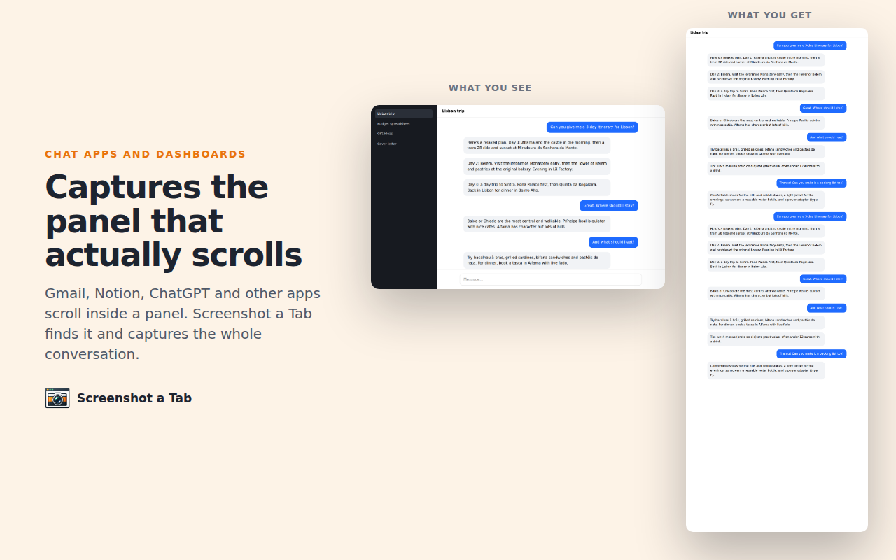 A chat app where only the conversation panel scrolls, captured in full