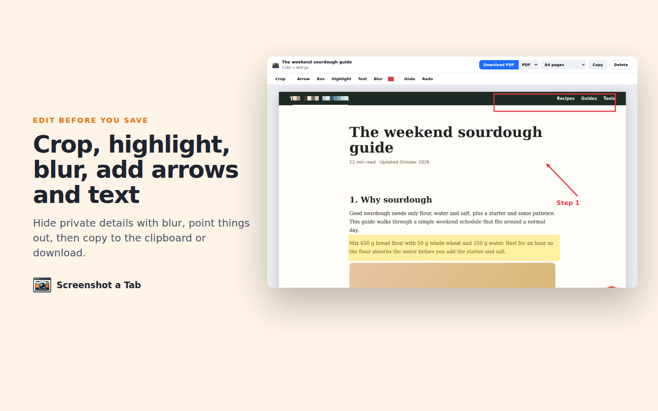 Editor with highlight, box, arrow, text and blur